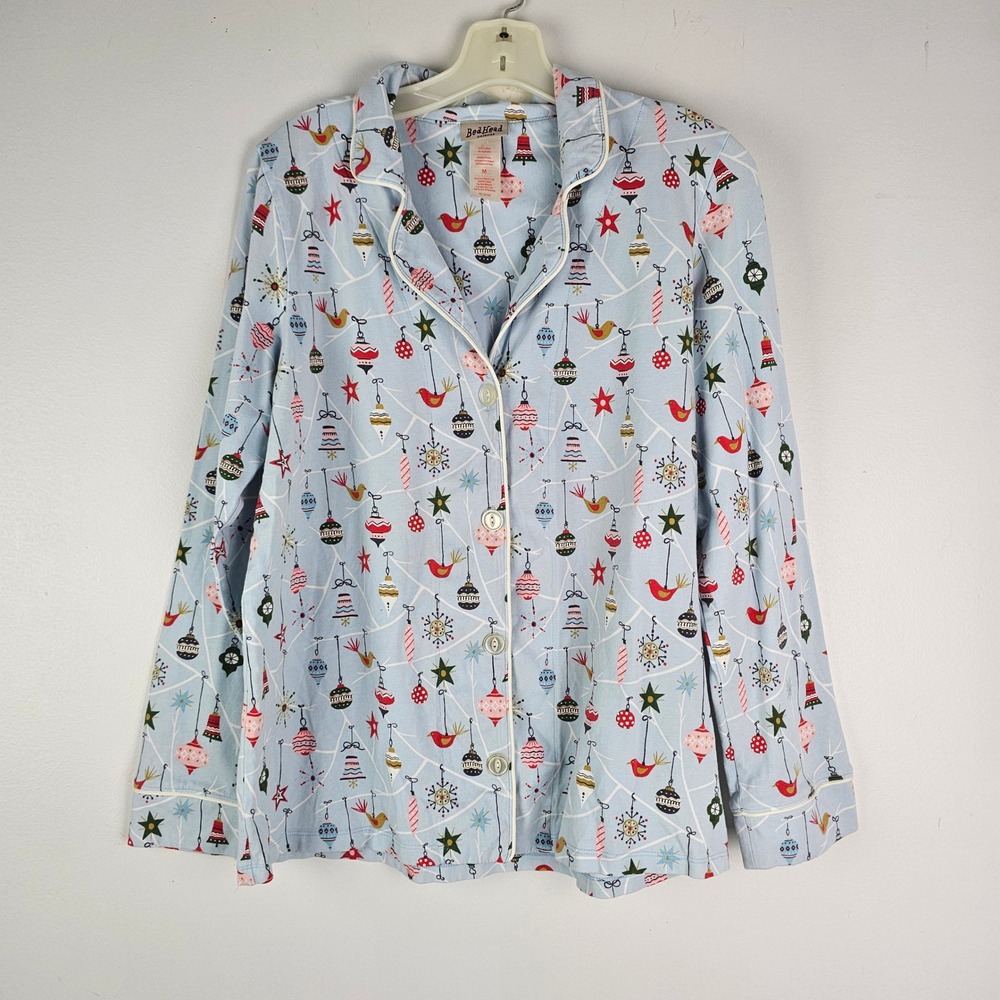 BedHead Pajamas Women Blue Christmas Ornament Bird Print Sleep Shirt Medium